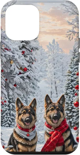 Vista 16 de iPhone 16 Lindo perro pastor alemán en paisaje nevado feliz Navidad caso