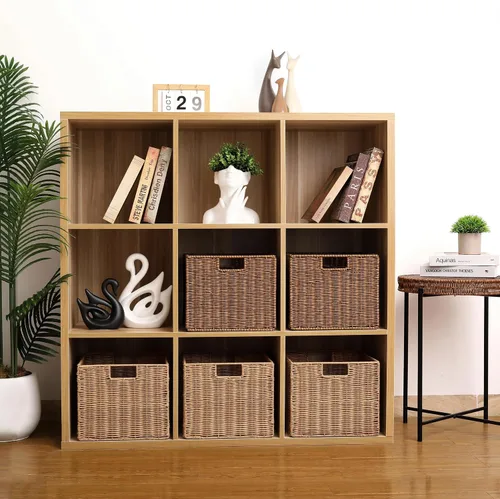Vista 7 de Cesta de almacenamiento de mimbre, cubo grande de 12 x 12 x 10 pulgadas, mimbre tejido para estantes, despensa, organización de cocina y baño Marrón