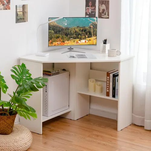 Vista 2 de Augester - Escritorio esquinero moderno, mesa de computadora triangular de 90 grados con estantes, agujero para cable, escritorio esquinero que