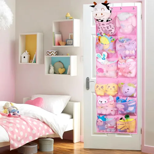 Vista 6 de KIMBORA 12 bolsillos grandes de malla sobre la puerta, organizador de zapatos para armario, zapatero colgante para puerta, zapatillas, Rosa
