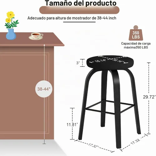 Vista 2 de Juego de 2 taburetes de bar, taburetes de bar sin respaldo de altura de mostrador, taburetes de bar giratorios de 30 pulgadas, silla de cocina