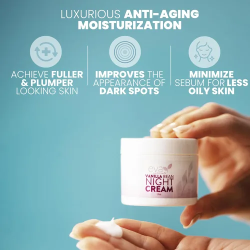 Vista 2 de Eva Naturals Crema de noche de vainilla – Hidratante facial durante la noche con vitamina E, C, complejo B y CoQ10 – Loción facial