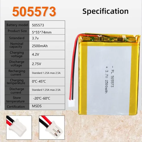 Vista 4 de YDL 3.7V 2500mAh 505573 Batería Lipo Recargable de Polímero de Iones de Litio con Conector PH2.0mm JST