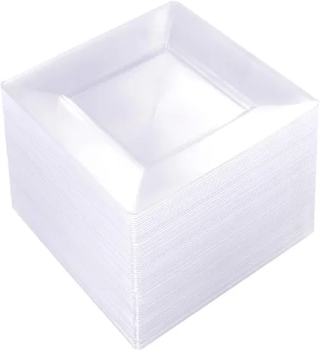 Vista 16 de Platos de postre de plástico plateado con tenedores de plástico, 100 platos cuadrados desechables para aperitivos, platos pequeños con borde Blanco