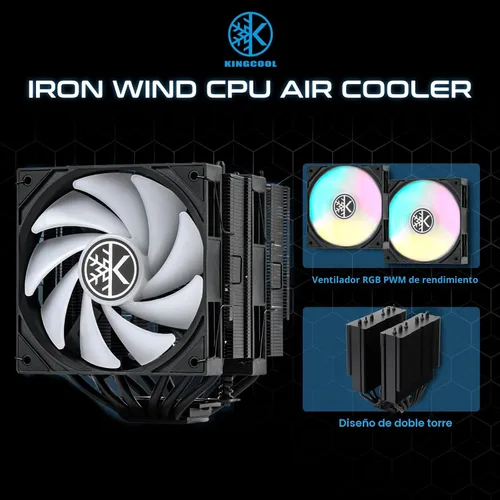 Vista 3 de KINGCOOL Iron Wind 120 ARGB Enfriador de aire para CPU, 6 tubos de calor y torres duales, ventiladores PWM duales de 120 mm, velocidad de 1800 RPM