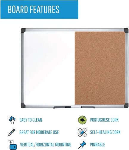 Vista 3 de MasterVision Maya - Tablero de anuncios combinado, borrado en seco/corcho, 48 x 72 pulgadas, pizarra blanca/tablero de corcho con marco de aluminio