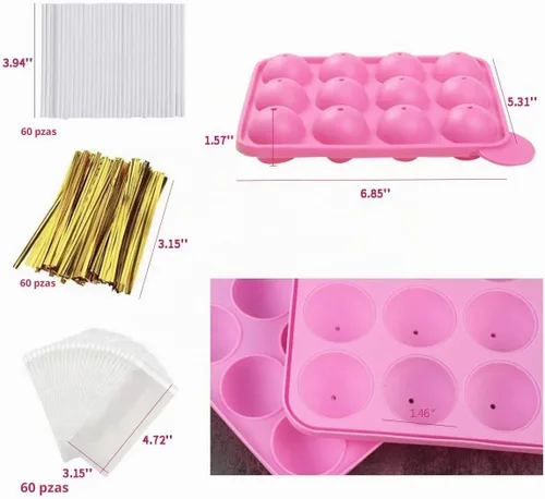 Vista 4 de Juego de moldes de silicona con 12 capacidades distintas; moldes para piruletas y caramelos duros de chocolate con 60 palitos de chupachups
