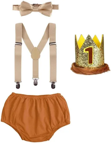 Vista 15 de Conjunto de ropa de bebé niño León Fox Cake Smash Wild One 1er cumpleaños Bloomers cubierta de pañales, tirantes y corbata de moño