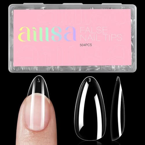 Vista 17 de AILLSA - Puntas de uñas de almendra medianas, 216 puntas de gel transparentes para bricolaje Full Cover, No Extra Filing Needed, Nails Extension