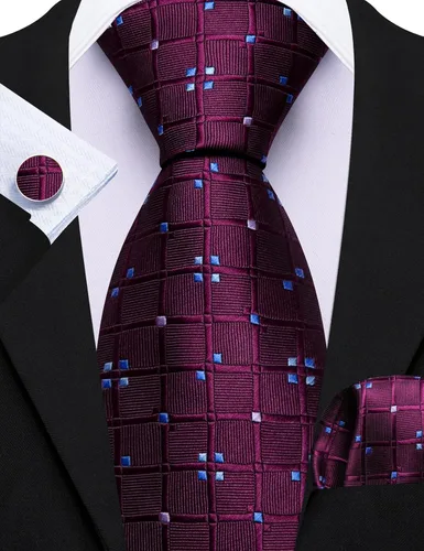 Vista 105 de Barry.Wang Juego de corbatas a cuadros para hombre con pañuelo gemelos de rayas clásicas