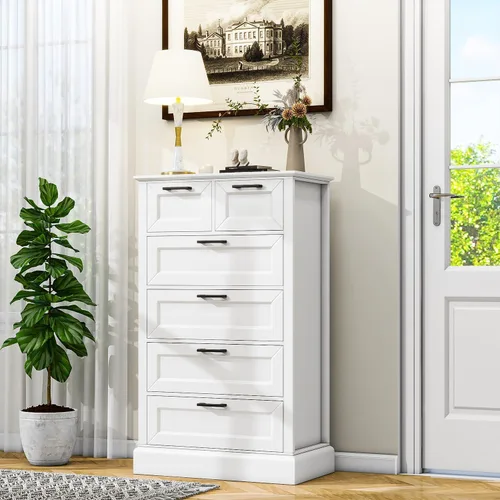 Vista 12 de biukpci Cómoda blanca con 5 cajones, almacenamiento vertical para dormitorio, cómoda alta de madera para pasillo, cómoda alta de madera con cajones