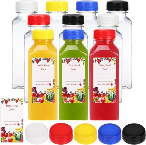 Vista 13 de SUPERLELE - 10 botellas de plástico para jugo de 12 onzas con tapas azules y negras