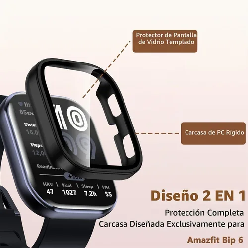 Vista 2 de Paquete de 2 fundas compatibles con Amazfit Bip 6, protector de pantalla de vidrio templado con cubierta de policarbonato duro, a prueba de golpes