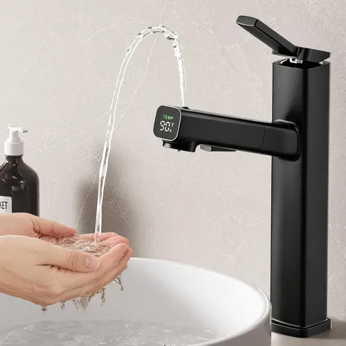 Vista 16 de MIAOHUI Grifo de baño extraíble de un solo agujero, 3 modos de pulverización de una sola manija para fregadero de 1 agujero, grifo de lavabo de baño