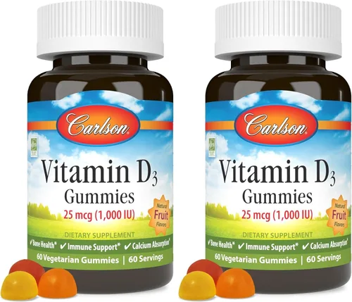 Vista 9 de Carlson - Gomitas de vitamina D3, 1000 UI (25 mcg), salud ósea, apoyo inmunológico y absorción de calcio, sabores naturales de frutas, 60 gomitas