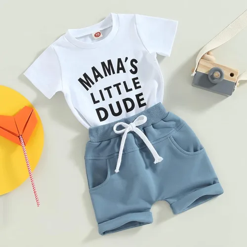 Vista 47 de Conjunto de traje de verano para bebé niño pequeño, manga corta, cuello redondo, letras impresas, lindo traje de verano, conjunto de 2 piezas