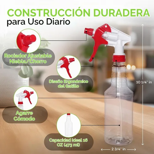 Vista 2 de BRIGHTFROM Botella pulverizadora de plástico, 16 onzas vacía, espray de gatillo ajustable fino para fluir, a prueba de fugas, transparente