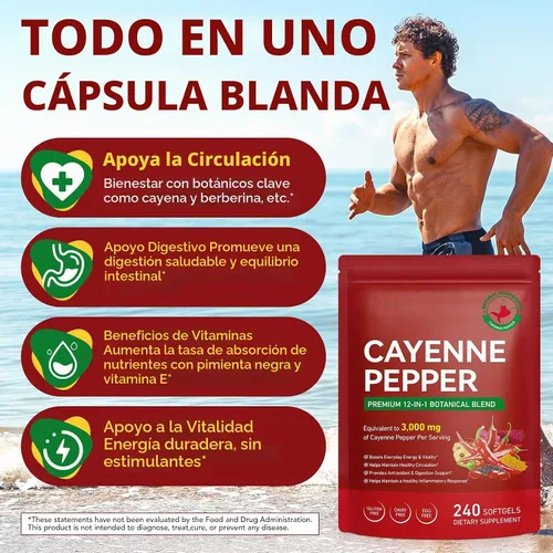 Vista 4 de Suplemento de cápsulas blandas de pimienta de cayena, cápsulas de pimienta de cayena con vitaminas D3+K2 y extractos de semilla de uva, espino