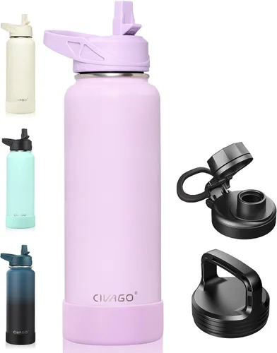 Vista 23 de CIVAGO Botella de agua aislada de 22 onzas con pajita, frasco de agua deportiva de acero inoxidable con 3 tapas