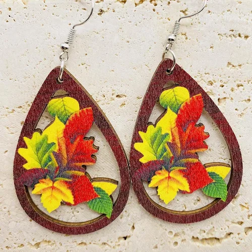 Vista 5 de Paquete de 3 pares de aretes de otoño de madera 2023 para mujeres y niñas, hojas de arce, taza de café, calabaza, girasol, juego de aretes de Acción