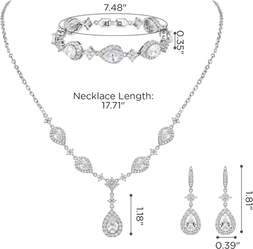 Vista 5 de SWEETV Juego de joyas para mujer, diseño de lágrima con circonita cúbica, juego de collar y aretes para novia, fiesta de boda, graduación, joyería