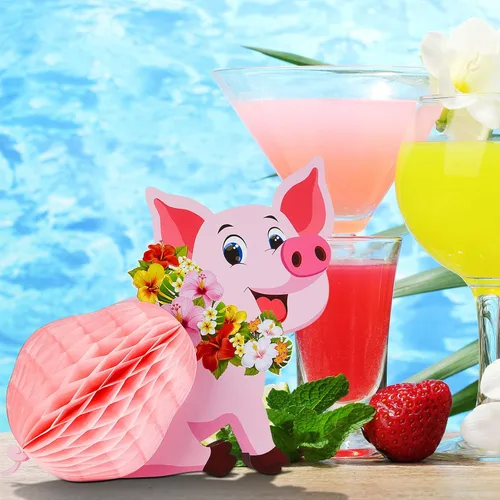 Vista 6 de Zonon 4 piezas de decoración de fiesta de cerdo Luau, centros de mesa de tejidos, cerdo rosa, animales de granja, decoraciones para cumpleaños