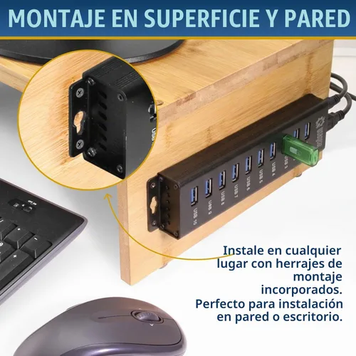 Vista 4 de USBGear Concentrador USB de 10 puertos 3.2 Gen 1 – Concentrador de datos supervelocidad montable con puertos USB para laptop, PC, escritorio y más
