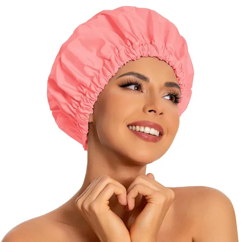 Vista 39 de Gorro de ducha reutilizable para mujer, grande, impermeable, lavable, banda elástica, accesorios de baño, sombrero para cabello largo, trenzas Beige
