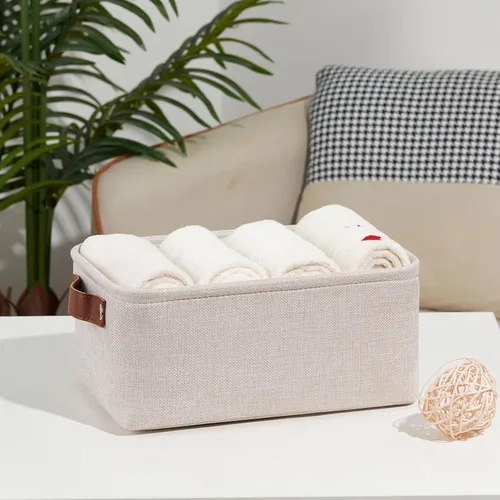 Vista 7 de DULLEMELO Cesta de almacenamiento pequeña para estantes, pequeña cesta plegable de tela rectangular para estantes, armarios, guardería, hogar Beige