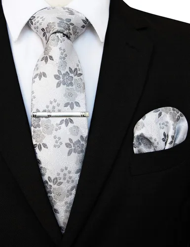 Vista 2 de JEMYGINS Conjunto de corbata floral y clip de corbata cuadrado de bolsillo para hombre