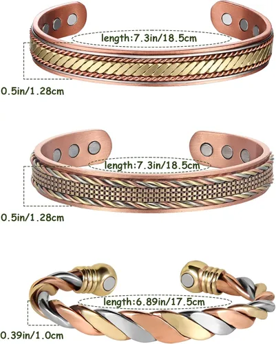Vista 5 de MagEnergy Pulseras de cobre para mujeres y hombres, juego de 3 piezas, terapia magnética, pulsera hecha a mano 100% cobre, caja de regalo de joyería