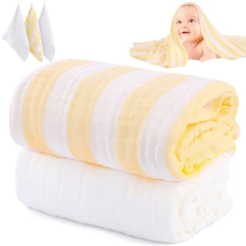 Vista 9 de Juego de toallas de baño de muselina para bebé, 100% algodón orgánico, juego de 5 piezas (2 toallas grandes y 3 toallas faciales), gasa absorbente