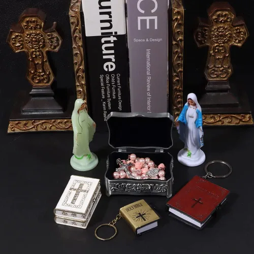 Vista 5 de WHLHMK Rosario católico para mujer con caja de rosario, collar de rosario de cuentas de cristal azul con caja de joyería vintage de la última cena