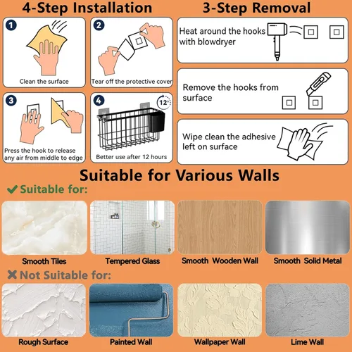 Vista 4 de Paquete de 3 cestas de almacenamiento colgantes, contenedores de metal adhesivos montados en la pared con taza extraíble, sin taladrar para cocina