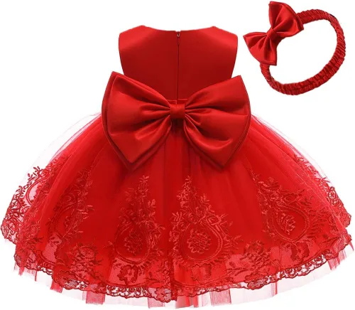 Vista 8 de 3M-6T Vestidos de Encaje con Lazo para Niñas Pequeñas Vestido de Gala Bordado para Bebé con Diadema