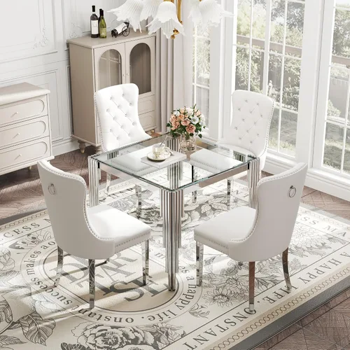 Vista 12 de Juego de mesa de comedor de cristal de 5 piezas para 4, mesa de cocina cuadrada de 37 pulgadas con 4 sillas tapizadas de terciopelo negro, mesa