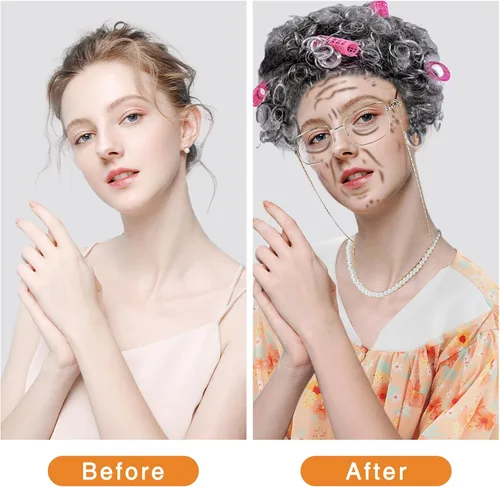 Vista 2 de Old Lady Costume for Women Kids,8Pcs Grandma Cosplay Set for 100th Day of School Granny Costumes Halloween Accessories