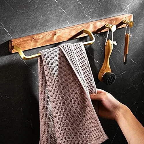 Vista 4 de Toallero de madera para toallero, soporte adhesivo para toallas sin perforación, gancho para cinturón montado en la pared para baño y cocina, 15.748