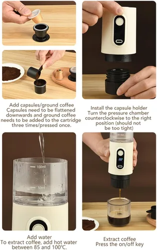 Vista 4 de Cafetera portátil, cafetera de café expreso, funciona manualmente, cafetera de cápsula de mano de 3.4 fl oz tipo C recargable para viajes al aire