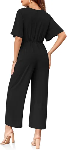 Vista 6 de GAMISOTE Enterizo de pierna ancha para mujer, manga corta, nudo frontal, overol largo de verano