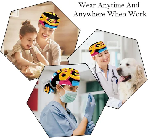 Vista 6 de Colorful Zodiac Pattern Navy Background 2 Pcs Adjustable Bouffant Hats with Buttons and Sweatband Ribbon Head Tie Covers