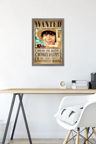 Vista 6 de Netflix One Piece - Póster de pared de Luffy Wanted, 22.4 pulgadas de largo x 14.7 pulgadas de ancho, versión enmarcada de madera de granero Versión