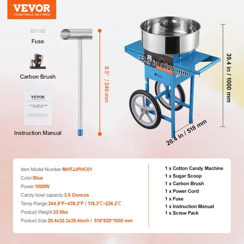 Vista 7 de VEVOR - Máquina eléctrica para hacer algodón de azúcar con carro, máquina comercial para hacer caramelo de 1000W con tazón de acero inoxidable