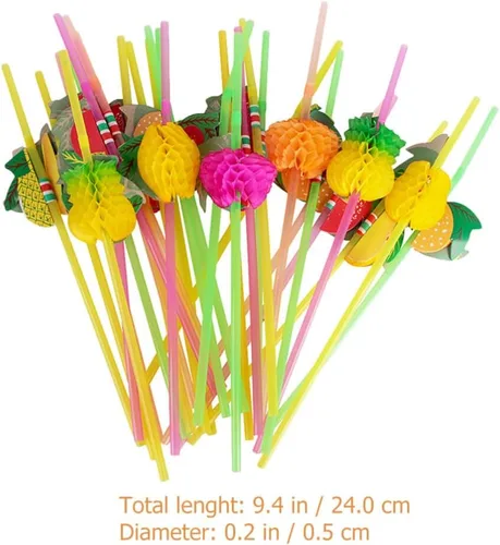 Vista 6 de Kichvoe Paquete de 60 pajitas de fiesta con temática hawaiana, agitadores de bebidas en forma de fruta para niños y niñas, pajitas de plástico
