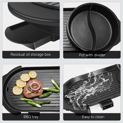 Vista 6 de SEAAN Olla caliente con parrilla, parrilla eléctrica para interiores, Shabu Shabu Shabu Pot coreana sin humo, doble temperatura contral, capacidad