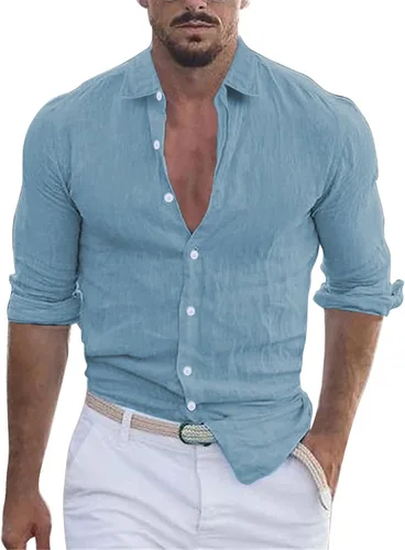 Vista 8 de Camisa de algodón y lino con botones para hombre, cuello de solapa de manga larga, estilo hippie casual para ropa de playa