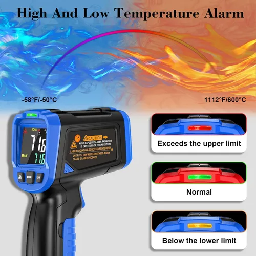 Vista 5 de Pistola Termómetro Láser FKM -58 °F~1112 °F (-50 °C~600 °C), Pistola Termómetro Infrarrojo sin Contacto para Industrial, Motor, HVAC, Cocina