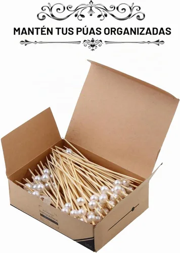 Vista 5 de Púas de bambú para cócteles, palillos de dientes, 120 unidades, 4.75 pulgadas, color blanco perlado de madera con volantes para aperitivo, Martini