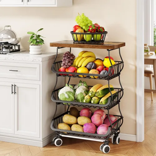 Vista 10 de SAYZH 5-Tier Fruit and Vegetable Basket Stand for Kitchen, Wood Top, White Blanco