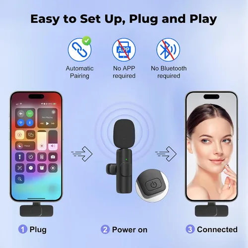Vista 3 de Micrófono inalámbrico para iPhone, Android amplia compatibilidad con reducción de ruido, micrófono de solapa de sonido claro para podcast, grabación
